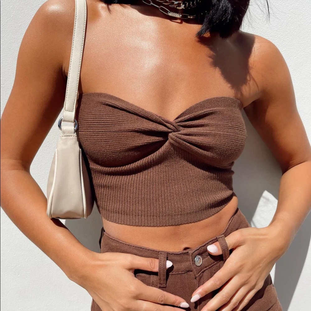 Princess Polly Brown Ribbed Twist Bandeau Crop Top